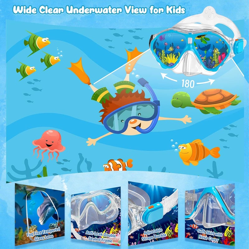 Seovediary Kids Snorkel Set, Mask Fins Snorkeling Gear for Kids Anti-Fog Swim Goggles 180 Panoramic View Dry Top Snorkel and Dive Flippers Combo with Travel Bag for Snorkeling Training Swimming Diving - Image 2